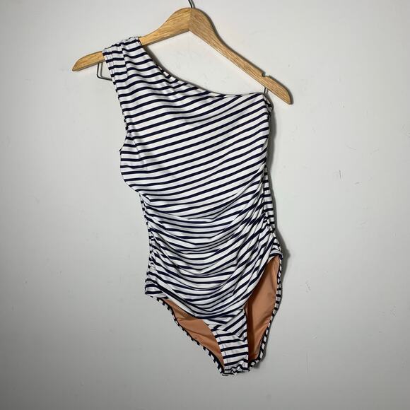 Womens J Crew Ruched one-shoulder one-piece in stripe Size M EUC! - Picture 3 of 4